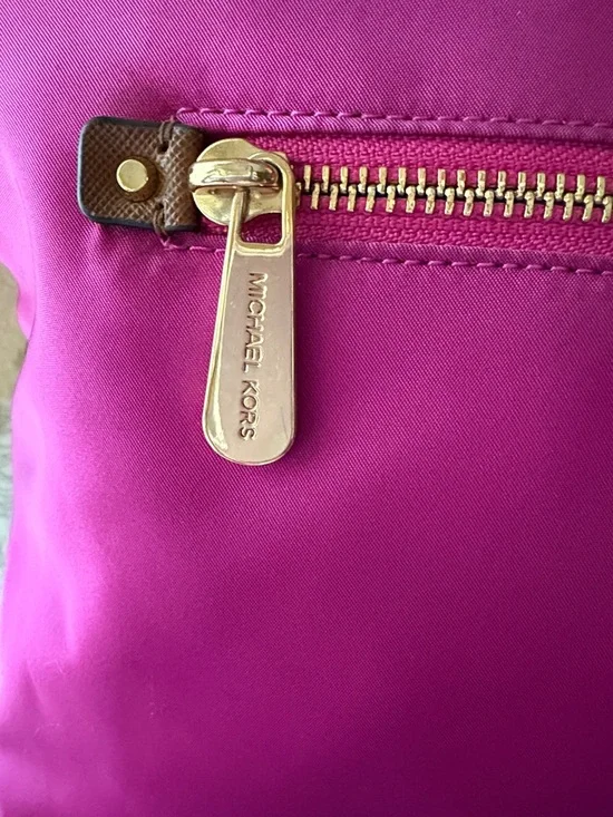 Michael Kors fuchsia is Nylon Tote with Brown Leather Trim - Picture 5 of 11